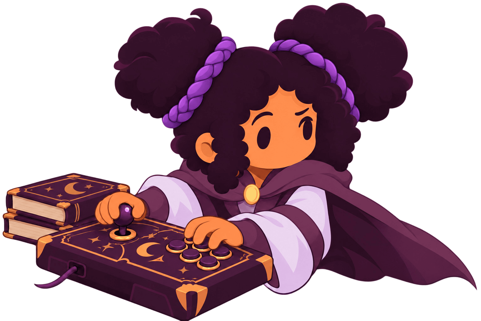 Medieval Lia at her arcade stick, glancing curiously toward Tech Lia